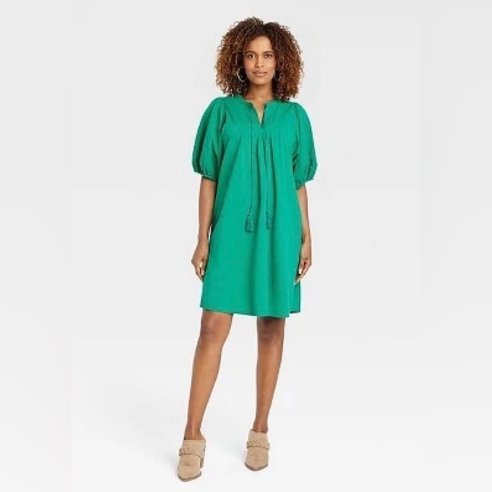 Knox Rose Kelly Green Puff Sleeve Dress with Tassles